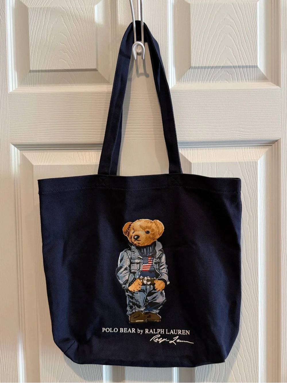 Ralph Lauren Navy Canvas Tote with USA Flag Polo Bear Graphic - Picture 2 of 6
